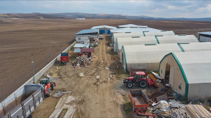 Karagedik'teki tesiste yan yana dizili tünel tipi ahırlar, traktörler ve servis yolu
